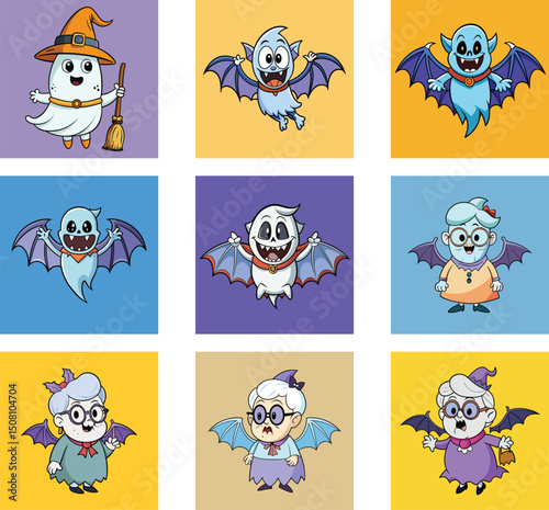 Cartoon Halloween Character Collection Featuring Bats Ghosts And Witches Illustration