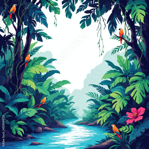 Vsai tropical rainforest landscape with exotic parrots and river flowing