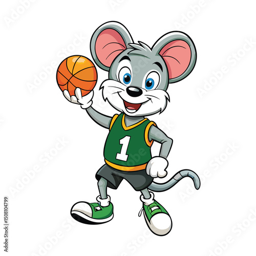 Happy mouse cartoon character shows off an orange basketball wearing sporty uniform and shoes