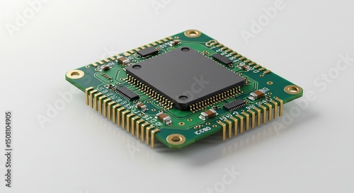 Close-up of a green circuit board with a dark square chip