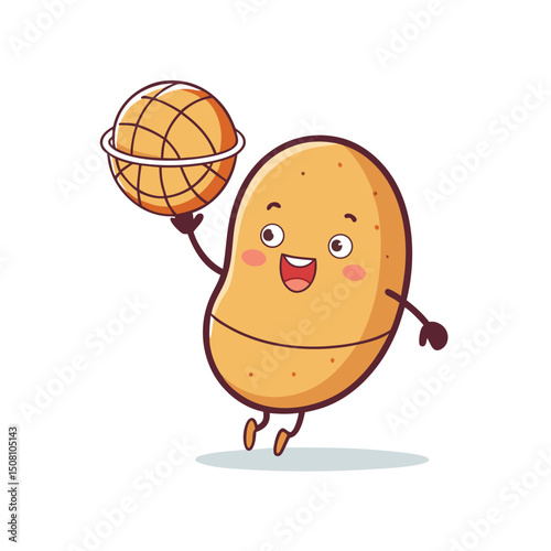 Joyful potato character cheerfully raises a small globe in a delightful cartoon illustration