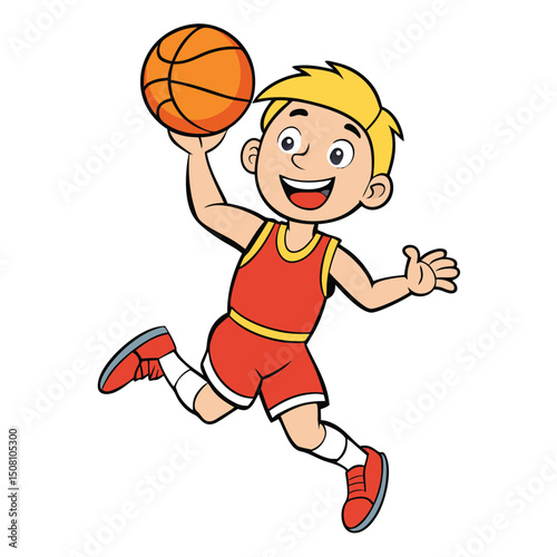 Jumping blond cartoon boy with basketball is smiling while wearing red uniform