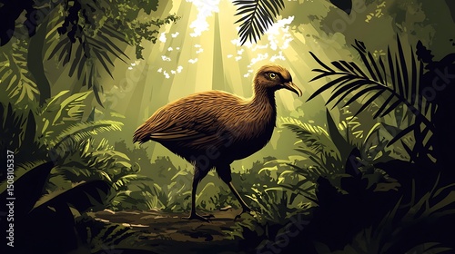 Illustration of a prehistoric bird in a lush jungle setting.