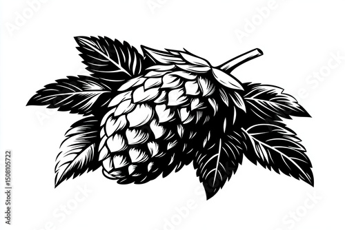Detailed illustration of a hop cone with leaves.