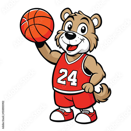 Playful bear mascot wearing red basketball uniform number twentyfour holds an orange basketball