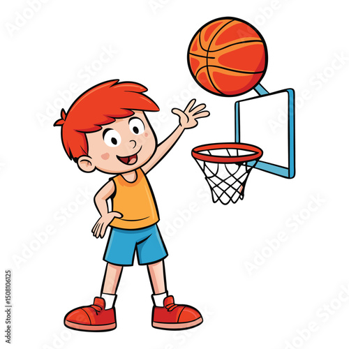 Playful cartoon boy happily prepares to shoot an orange basketball into the hoop