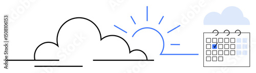 Clouds parting as the sun rises beside a checked calendar date. Ideal for planning, scheduling, forecasting, weather updates, time management, optimism, day planning. Flat simple metaphor