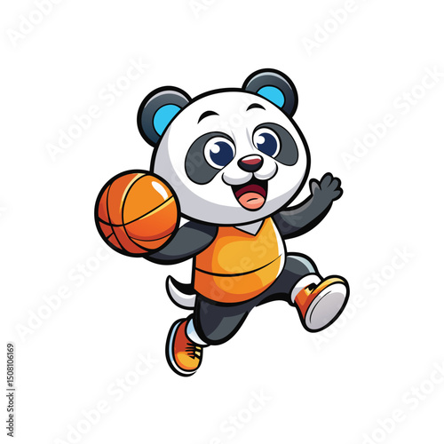 Playful panda character dribbles the basketball with zeal in athletic attire and sneaker shoes