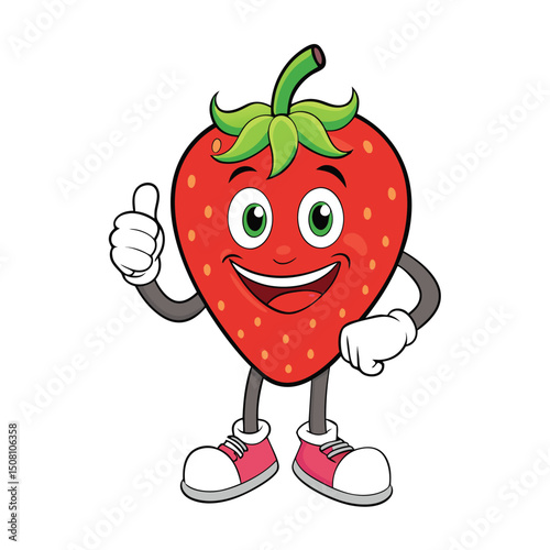Red cartoon strawberry gives a thumbs up with a smile wearing red sneakers