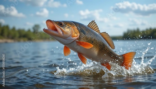 Red fish jump up from the sea water