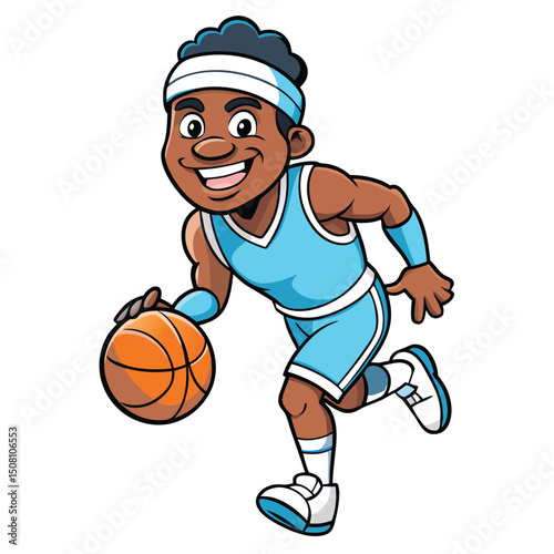 Smiling African American basketball player dribbles a ball, wearing a light blue uniform