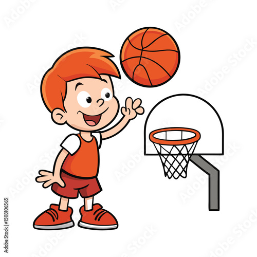Redhaired boy prepares to shoot an orange basketball towards the basketball hoop