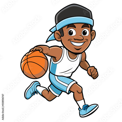 Smiling African American boy dribbles the basketball with great speed and amazing confidence today