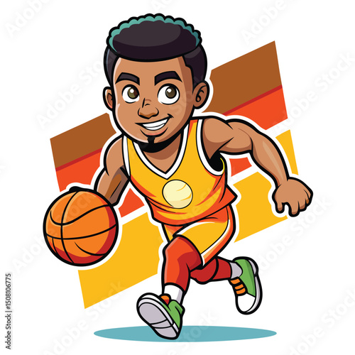 Smiling African American boy dribbles an orange basketball with a retro color block background