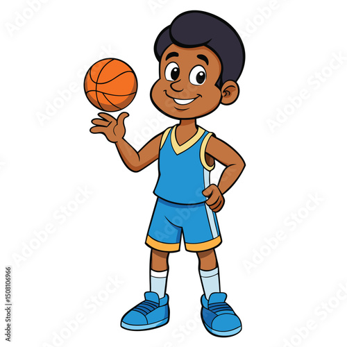 Smiling African American boy in sports clothes is balancing a basketball on his finger