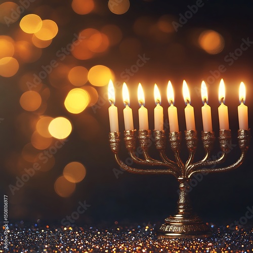 Golden menorah with lit candles on a dark background. photo