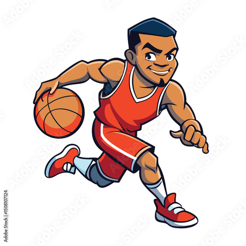 Smiling AfricanAmerican basketball player dribbles the ball in an orange uniform toward victory