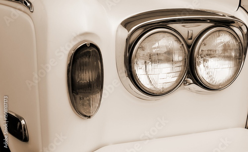Classic Vintage Car Headlights Close Up Sepia Toned Front View Horizontal Composition