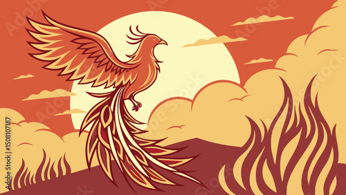 Phoenix Rising from Fiery Sunset – Mythical Bird Vector Illustration
