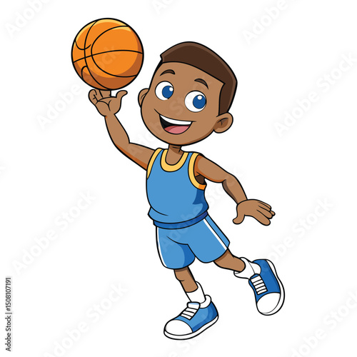 Smiling AfricanAmerican boy in basketball uniform spins a basketball on his finger happily