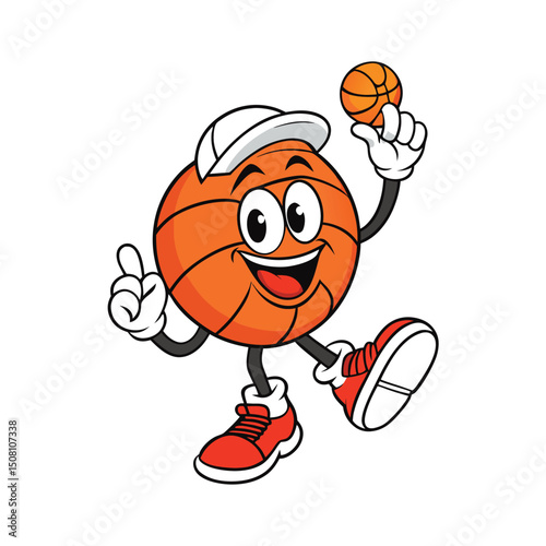 Smiling basketball cartoon character with baseball cap shows smaller basketball, standing on one leg