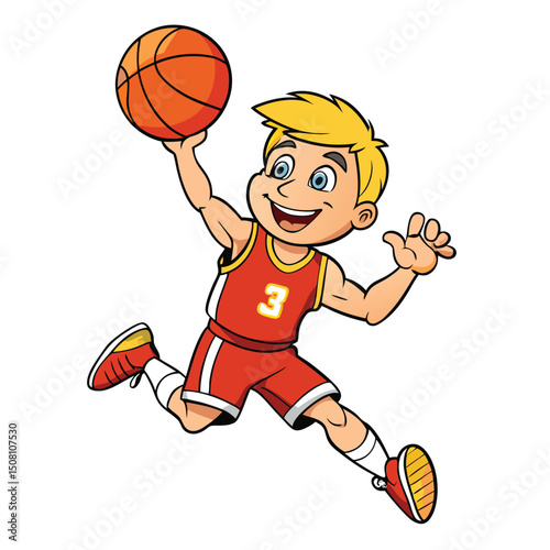 Smiling blond boy with basketball ready to shoot wears red uniform number three