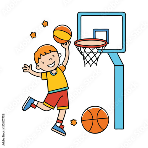 Smiling boy with orange hair and yellow jersey attempts to dunk basketball