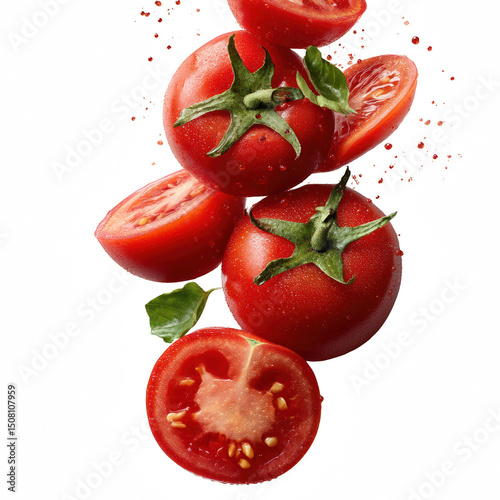 Fresh red tomatoes stacked, showcasing vibrant colors and juicy cut sections.