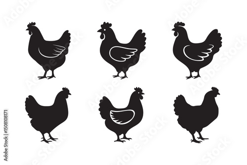 chicken hen and Rooster icon set Silhouette vector illustration on white background