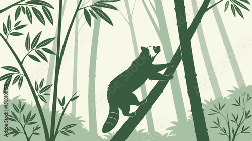 Red Panda Silhouette Climbing Bamboo Tree – Misty Forest Vector Illustration