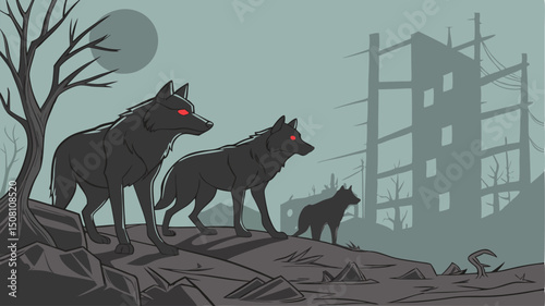 Robot Wolf Pack Silhouette – Glowing Red Eyes in Post-Apocalyptic Wasteland Vector