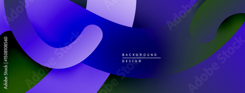 Abstract fluid shapes, vibrant purple hues, dark green accents. Modern design, smooth gradients create dynamic composition.