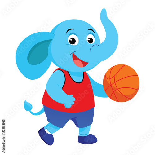 Smiling cartoon elephant with a red tank top bounces an orange basketball joyfully