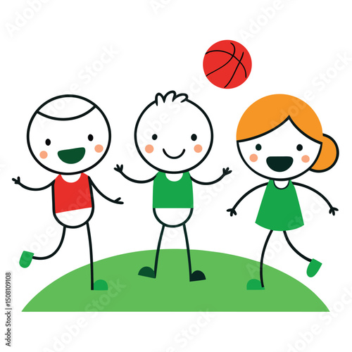 Smiling cartoon kids cheerfully play with a red basketball on a green field