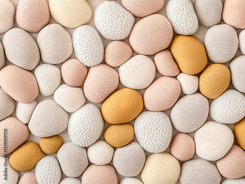 A close-up of the pastel, multicolored fabric or felted from wool pebbles. Woolen spheres. The colors include shades of beige, light brown, white, mustard, creating a visually appealing composition photo