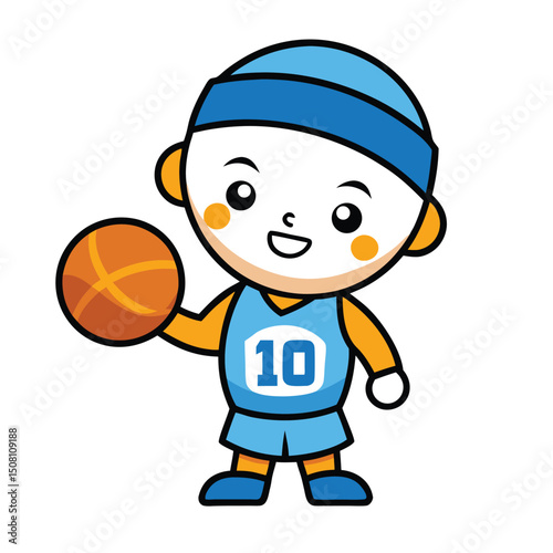 Smiling cartoon player holds basketball while wearing jersey number ten proudly shows character