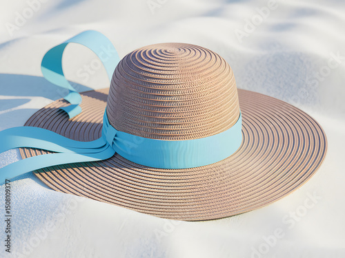 Stylish Straw Sun Hat with Teal Ribbon on Sandy Beach