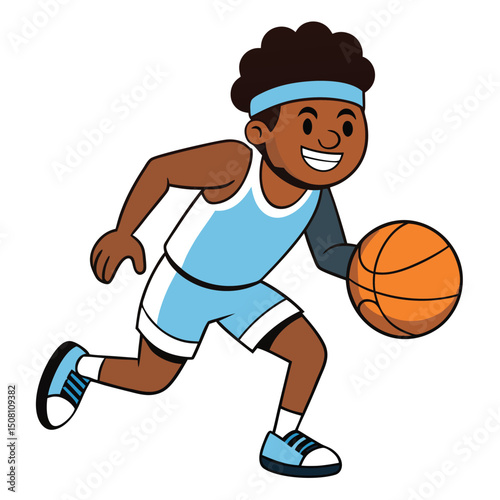 Smiling darkskinned basketball player dribbles the ball while wearing a light blue uniform and a headband