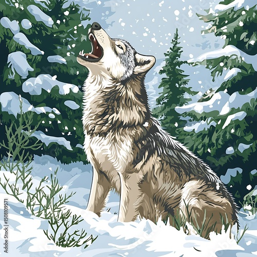 A howling wolf in a snowy forest scene.