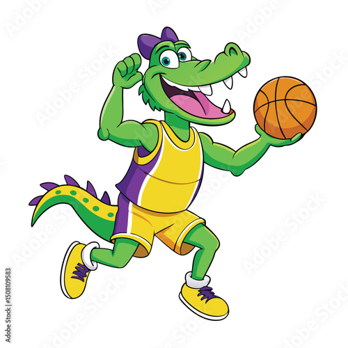 Smiling green alligator in jersey dribbles basketball cheerfully in his running pose