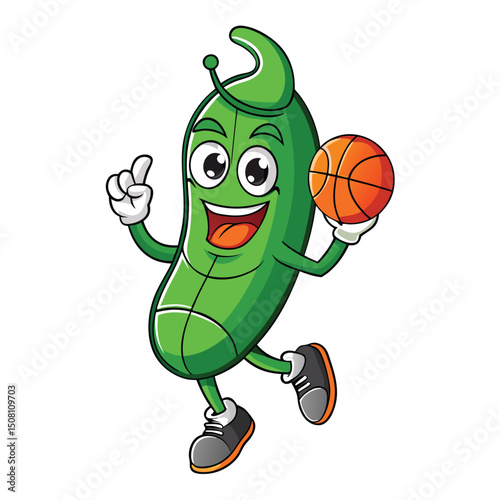 Smiling green pea character dribbles an orange basketball while pointing upward with joy