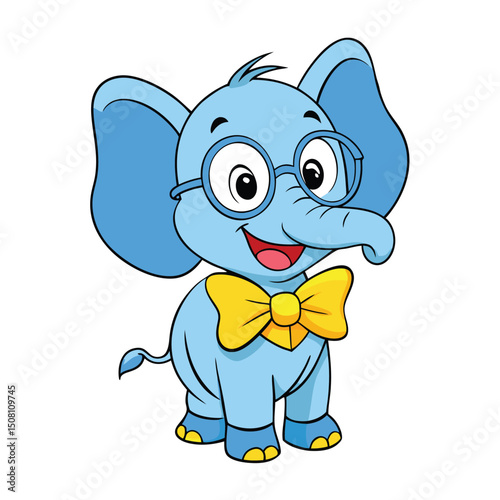 Smiling light blue elephant cartoon character wears glasses and a yellow bowtie beautifully