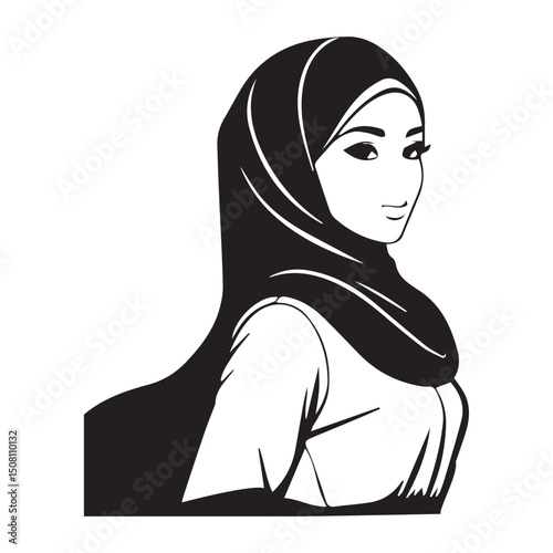 Female Muslim model in hijab and modest clothing, posed in profile view against a plain background. Young woman in traditional Muslim attire, in a still life/portrait style.
