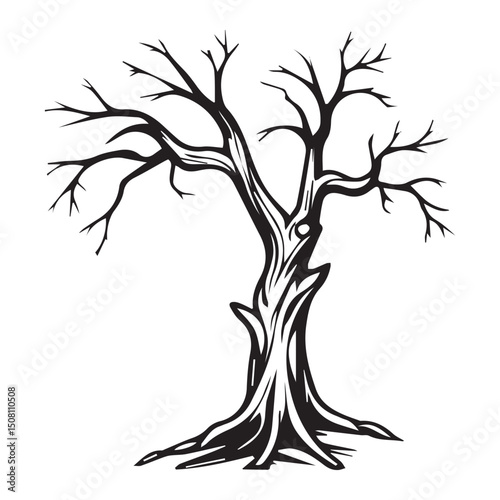 A detailed illustration of a barren tree with intricate bark detail against a plain white background.