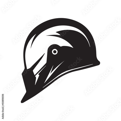 Motorcycle helmet graphic design in black and white. Profile view of protective headgear on a white background. Protective gear for motor sports. A professional race car driver.
