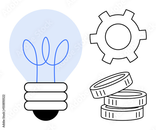 Lightbulb with sprout symbol, gear, and coin stack symbolizing innovation, growth, productivity, technology, teamwork, business and efficiency. Ideal for planning finance and simple landing page