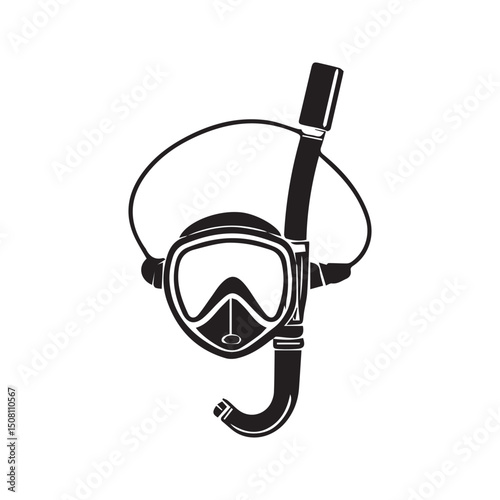 Snorkeling equipment, diving mask and snorkel, simple black and white silhouette. Silhouette of diving equipment, showing mask and snorkel. General use illustration -