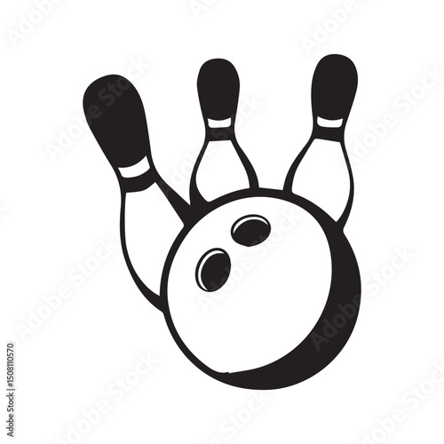 Bowling pins and ball in simple black and white design. Simple graphic of bowling pins and ball against a white background.