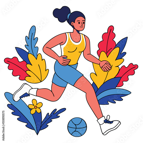 Sporty woman with ponytail runs alongside a blue basketball amidst colorful stylized foliage