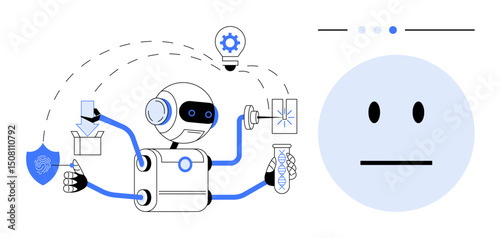 Robot handling diverse tasks thumbs up packaging, testing, and data processing with AI-driven technology. Ideal for automation, robotics, AI innovation, efficiency, technology, process optimization